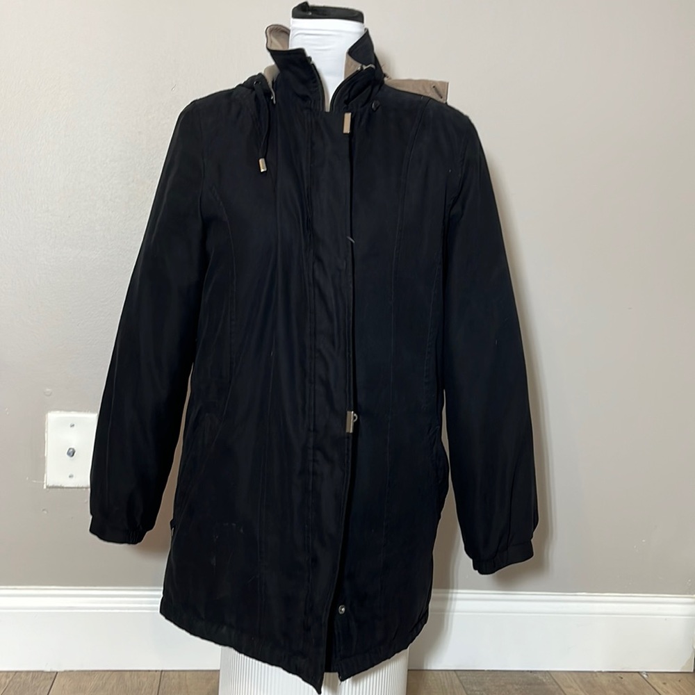 London Fog zip & button jacket removable hood lined pockets adjustable waist S